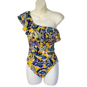 J Crew One Piece Swimsuit Yellow Blue Floral One Shoulder Ruffle Tropical Sz S